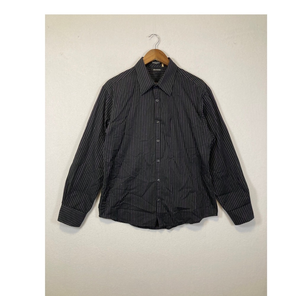 Brandini Button‎ Down Shirt Mens Large Black Purple Striped Long Sleeve Cotton